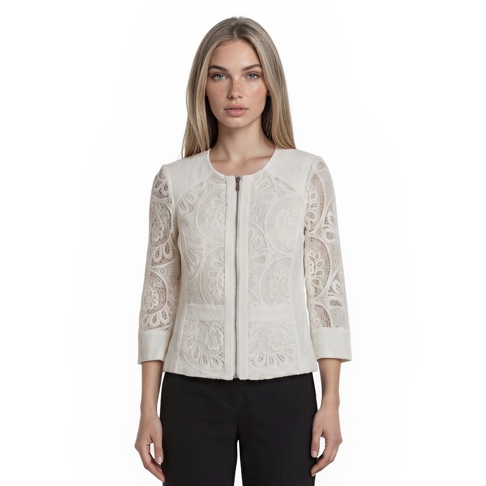 INC White Lace Jacket Top Women's Size Medium Full Zip Linen Cotton Blouse